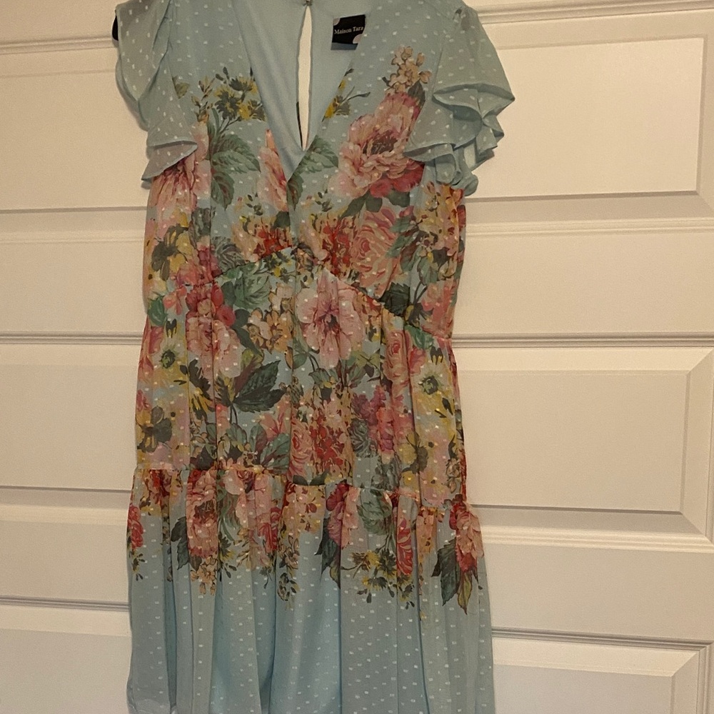 Maison Tara Pastel Floral Dress with Ruffle Sleeves